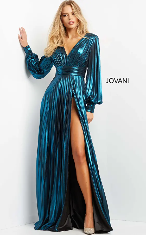jovani Jovani 06221 Teal Metallic High Slit V Neck Evening Dress